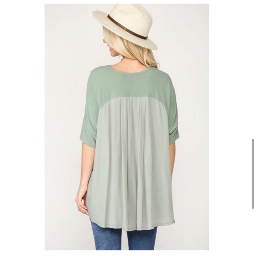 Green V Neck High Low Blouse - Picture 6 of 7